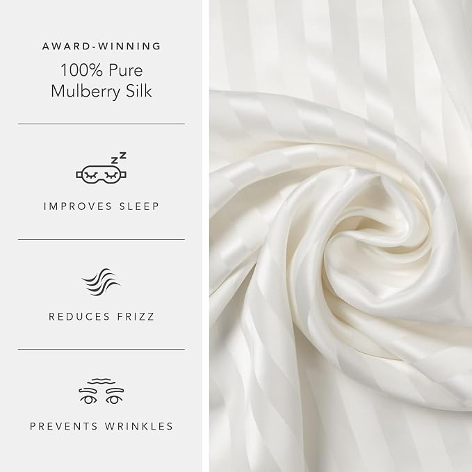 Fishers Finery 30mm 100% Pure Mulberry Silk Pillowcase Set, Quality Tested (White Stripe, King, 2 Pack)