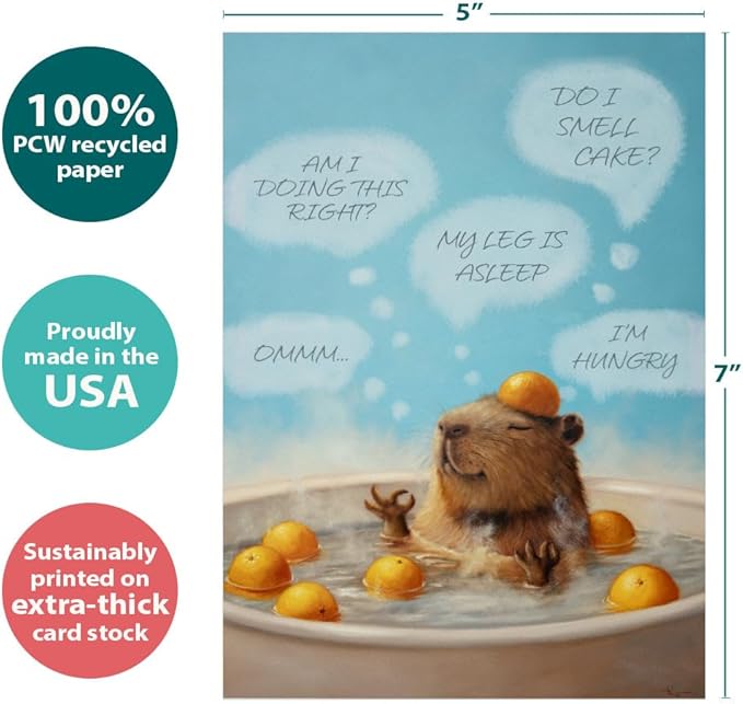 Tree-Free Greetings Relax and Chill Birthday Card - 1 Recycled 5x7 Card & Matching Envelope, Thick Cardstock, Made in USA - Meditative Capybara Art