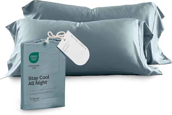 Olive + Crate Tencel Eucalyptus Pillowcases - 100% Tencel Lyocell Cooling Pillow Cases for Hot Sleepers, Hypoallergenic, Moisture-Wicking, Silk Alternative, Vegan, Standard Size Set of 2 [Basalt Blue]