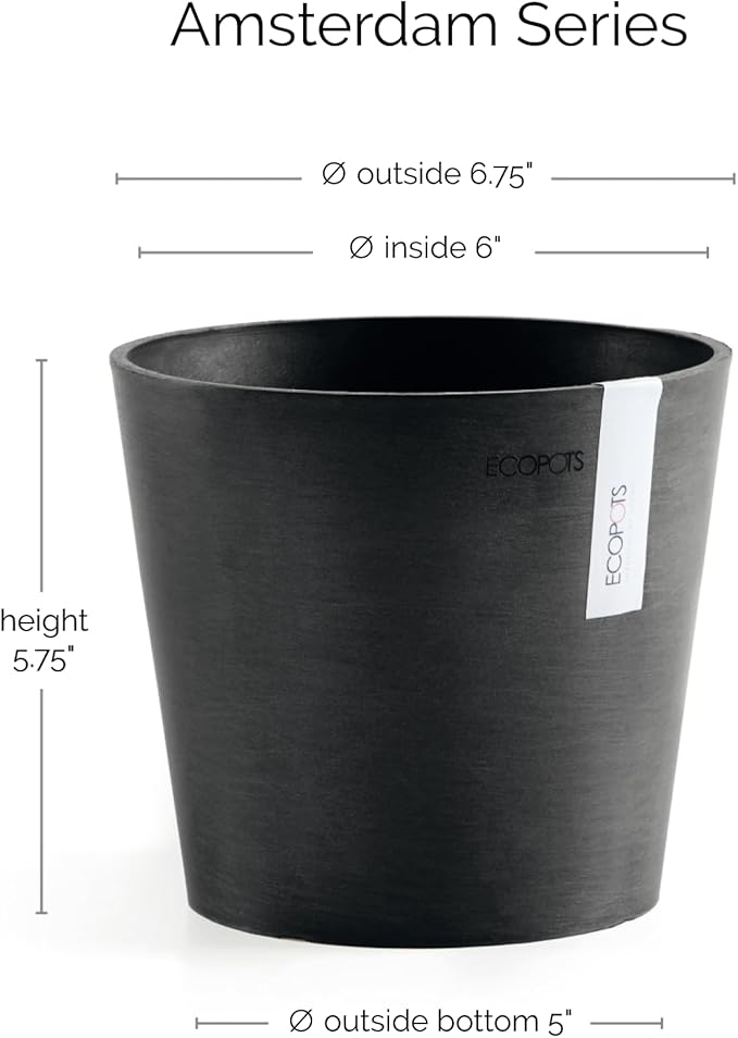 Ecopots Amsterdam Mini Durable Modern Round Recycled-Based Composite Flower Pot Planter, Dark Grey, 7"