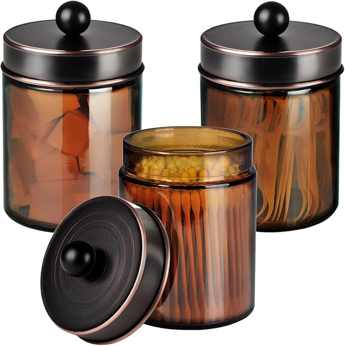 3PACK Amber Glass Qtip Holder+ Mason Jar Bathroom Accessories Lids Set(4pcs)-Oil Rubbed Bronze