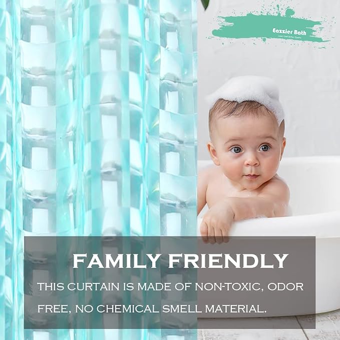 Teal 3D Crystal Plastic Shower Curtain Liner, 72x72 Inch Thin Lightweight Ice Cube Plastic Bathroom Shower Showroom Inner Curtain with Rustproof Metal Grommet Holes and Weighted Magnets