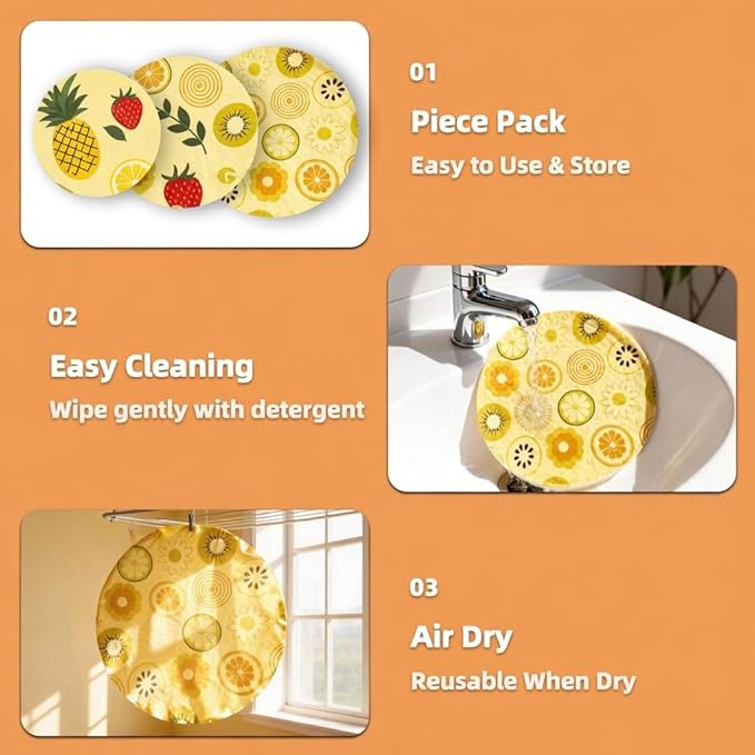 Reusable Beeswax Bowl Covers - 3 Pack Eco Friendly Food Wraps for Kitchen Storage - Sustainable Plastic Wrap Alternative for Salad Bowls & Fruits - Washable Zero Waste Food Lids (floral print)