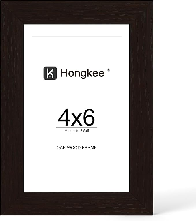 Hongkee 4x6 Oak Wood Picture Frame 1 Pack(Matted 3.5x5), Real Glass Cover | Black, 4 x 6 Solid Wood Frame for Wall or Tabletop Display - Includes Easel Back, Vertical Hang - Ideal for Home, Office