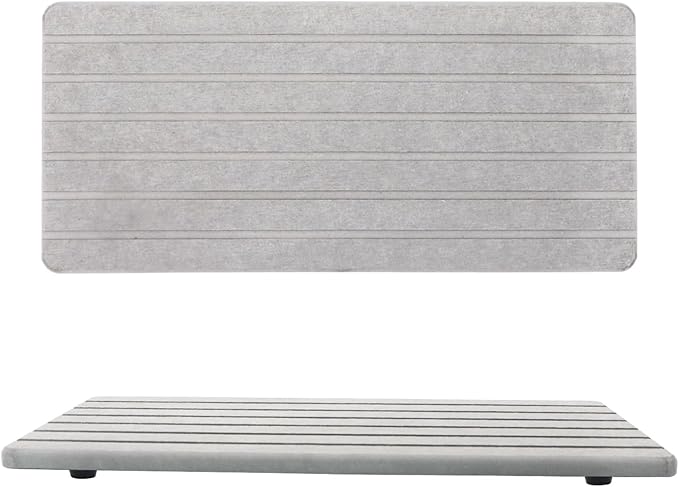 Water Absorbent Diatomite Coasters 12.2 Inch x 5.5 Inch 2 Pcs Grooved Design Diatomaceous Earth Soap Holder Grey Water Absorbing Stone Tray for Sink Cups Plants Cosmetic Bottles