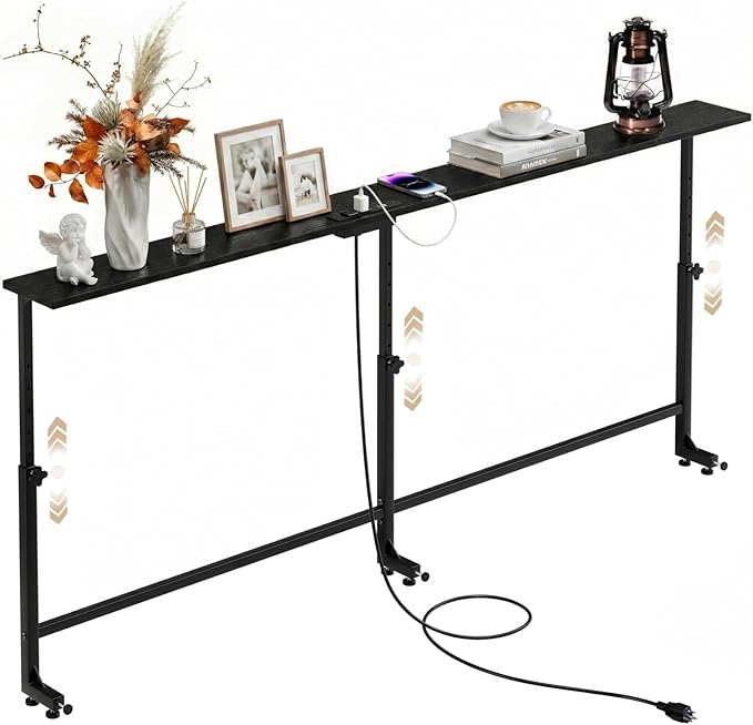 Faesun 70.9 Inch Behind Couch Table, 24"-32" Adjustable Height Range, Behind The Couch Table with Outlet, Adjustable Console Table, Narrow Long Sofa Table, for Living Room, Black