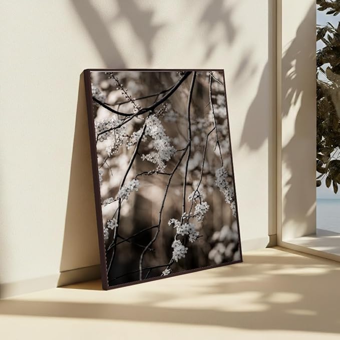 Monem Art Cherry Blossom Branch Photography Print - Moody Botanical Nature Art Poster - Wall Decor for Living Room, Bedroom or Office - 8x10 Brown Framed CANVAS Wall Art by Mareike Bohmer