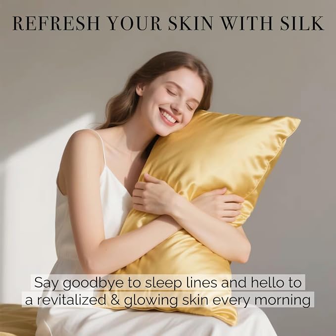 Ravmix Silk Pillow Cases with Zipper, 21momme Mulberry Silk Pillowcase for Hair Skin Health, Soft Smooth Breathable Cool Pillow Cover for Beauty Sleep with Gift Box 1PC(Queen 20"x30", Gold)