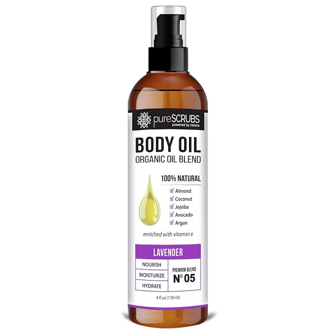 pureSCRUBS Ultra Moisturizing Lavender Body Oil for Dry Skin, 4 oz | Luxurious After Shower Body Oil for Soft, Silky, Glowing Skin, Non-Greasy, Fast Absorbing & Hydrating Formula with Vitamin E