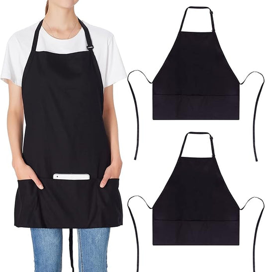 Jubatus 2 Pack 3 Pockets 100% Cotton Adjustable Bib Apron Chef Kitchen Cooking Aprons for Women Men, Black