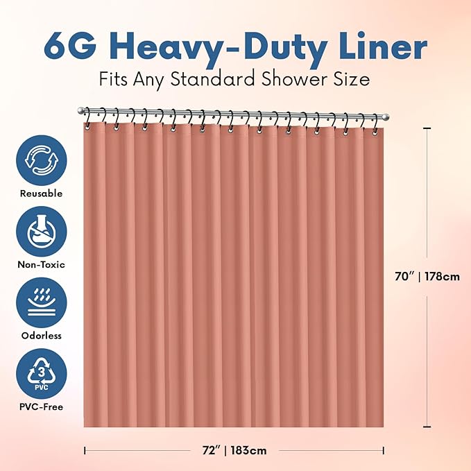 No Smell Shower Curtain Liner 72x72 Peach - PEVA Plastic Shower Curtain for Bathroom, PVC-Free Waterproof Peach Shower Liner with Metal Grommets and Magnet-Weighted Bottom Hem - Washable Liner