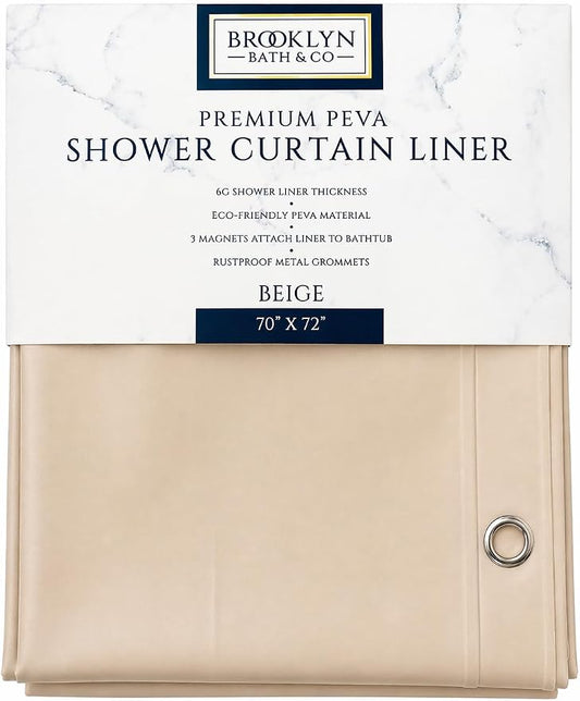 Home Expressions Brooklyn Bath & Co. Premium PEVA Shower Curtain Liner – Beige, 70 x 72 Inch, Waterproof Heavy Duty Shower Liner with Rustproof Grommets & 3 Magnets (Beige)