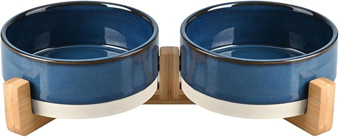 SPUNKYJUNKY Ceramic Dog and Cat Bowl Set with Wooden Stand, Modern Cute Weighted Food Water Bowl Set for Small Size Dogs (1.7 Cups, 2 × Pattern Blue)