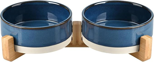 SPUNKYJUNKY Ceramic Dog and Cat Bowl Set with Wooden Stand, Modern Cute Weighted Food Water Bowl Set for Small Size Dogs (1.7 Cups, 2 × Pattern Blue)