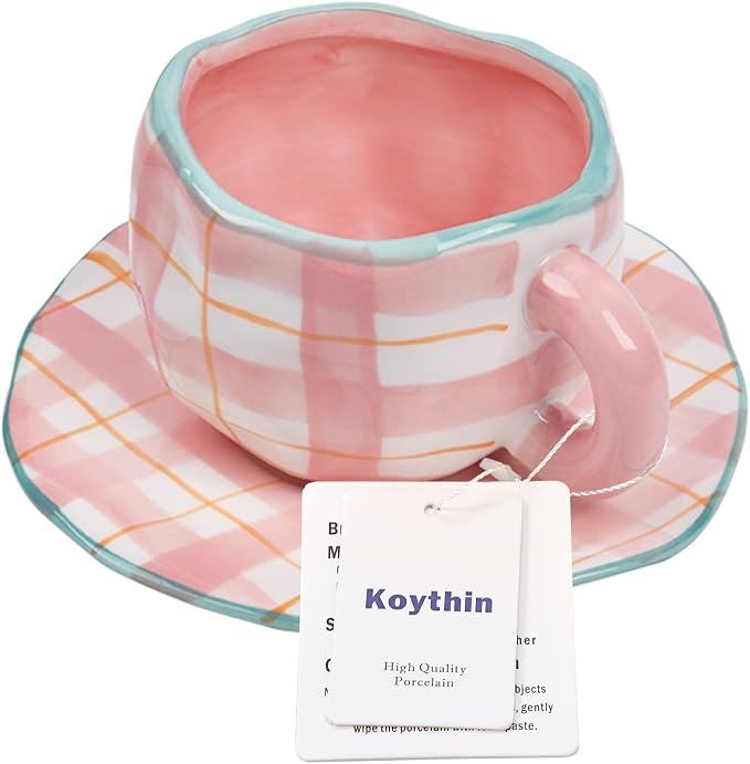 Koythin Ceramic Coffee Mug, Cute Pink Cup for Women with Saucer for Office and Home, Dishwasher and Microwave Safe, 10 oz/300 ml for Latte Tea Milk (Pink Check)