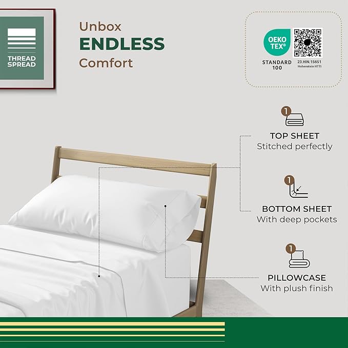 THREAD SPREAD 100% Organic Cotton Sheets Twin Size - 3 PC Organic Cotton Twin Size Percale Weave Sheet Set, Soft, Cooling, Crisp & Breathable, 16" Deep Pocket Bedding Set for Dorm Room - White
