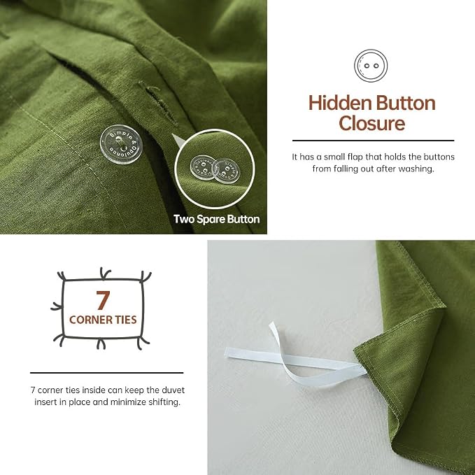 Simple&Opulence French Linen Duvet Cover Set 88" x 92"- 3 Pieces (1 Comforter Cover,2 Pillowcases)- Natural Flax Cotton Blend-Solid Color Breathable Farmhouse Bedding-Forest Green, Queen