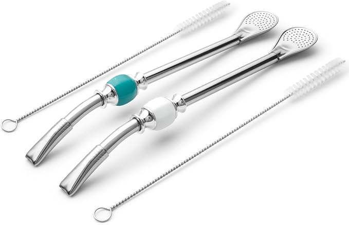CUOPRU Yerba Mate Bombillas Set - Included Mate Gourd Stainless Steel Straws with Straw Case, Removable Head Filter, Colorful Bead, Cleaning Brush (Blue and White)