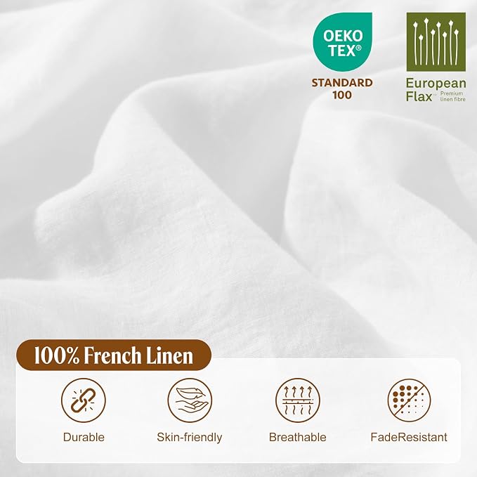 LBRO2M 100% France Linen Duvet Cover Set 3 Pcs Including 1 Flax Comforter Cover with Zipper Closure, 2 Pillowcase, Cozy Duvet Cover Queen Size, White