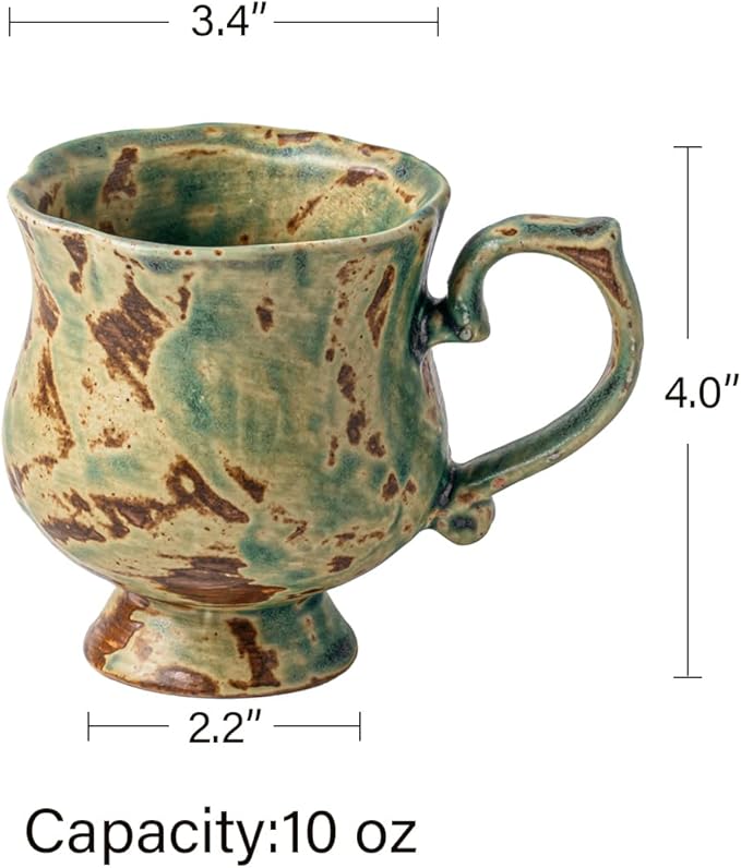 10 oz Footed Ceramic Mug, Turquoise & Brown Glazed Coffee Cup, Rustic Handmade Tea Cup with Handle for Home Office, Dishwasher & Microwave Safe