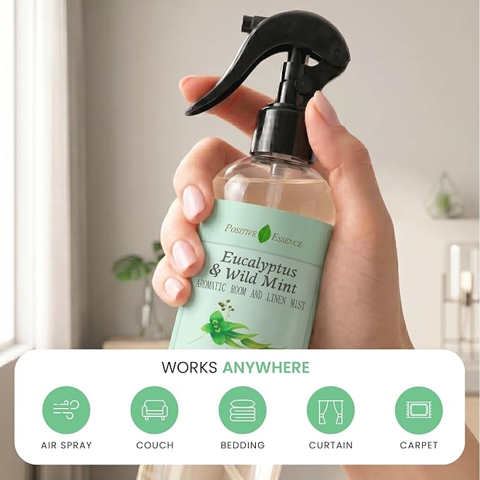 Eucalyptus & Wild Mint Room and Linen Spray, Natural Aromatic Mist Made with Pure Eucalyptus & Wild Mint Essential Oils, Refreshing Air Freshener Odor Eliminator Positive Essence (8.5 fl oz)