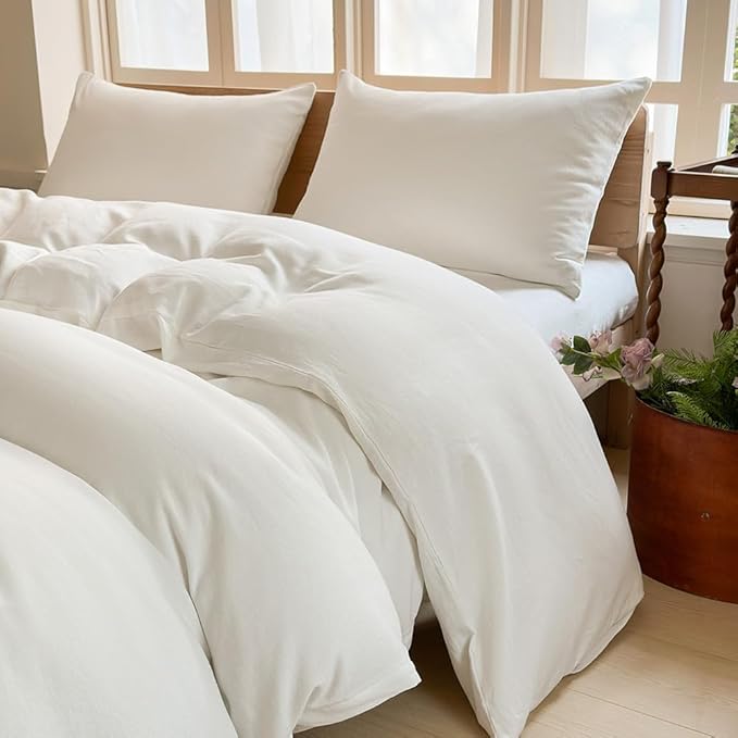100% French Flax Linen Duvet Cover Set Twin, 2-Piece Soft Breathable Cooling Bedding for Hot Sleepers, Natural Washed Linen with Zipper Closure & 8 Corner Ties (Twin, White)