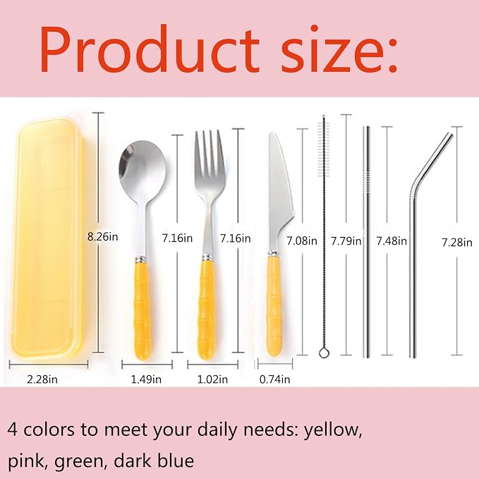 4 Colors Portable Travel Utensils with Case, Reusable Stainless Steel Cutlery Include Knife Fork Spoon Straw for Travel Camping Office