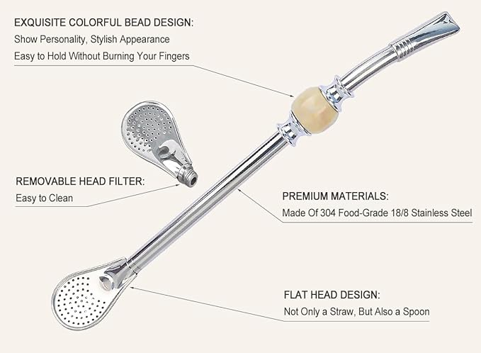 Premium Yerba Mate Straws - Reusable Stainless Steel Bombilla Straw with Colorful Beads - Set with Removable Head Filter (Light Brown)