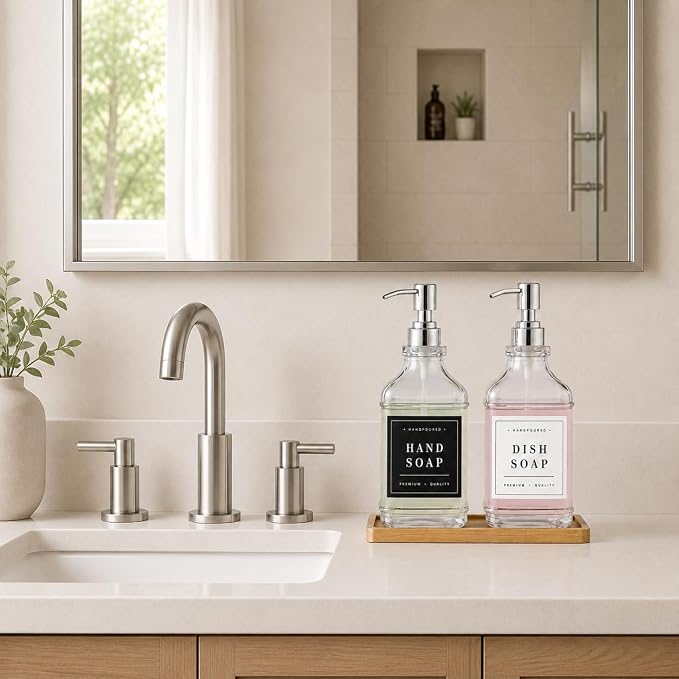 Clear Glass Soap Dispenser Set: Modunful 2 Pack 16.9oz Countertop Soap Dispenser with Bamboo Tray, Silicone Funnel & 60 Waterproof Stickers - for Kitchen Bathroom