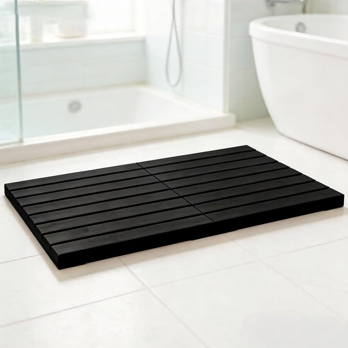Bamboo Bath Mat for Bathroom Waterproof Foldable Shower Mat Non-Slip Quick Dry Bath Rug Heavy Duty Floor Mat for Shower Tub,Black,L23.5''×W15.6''×H2''