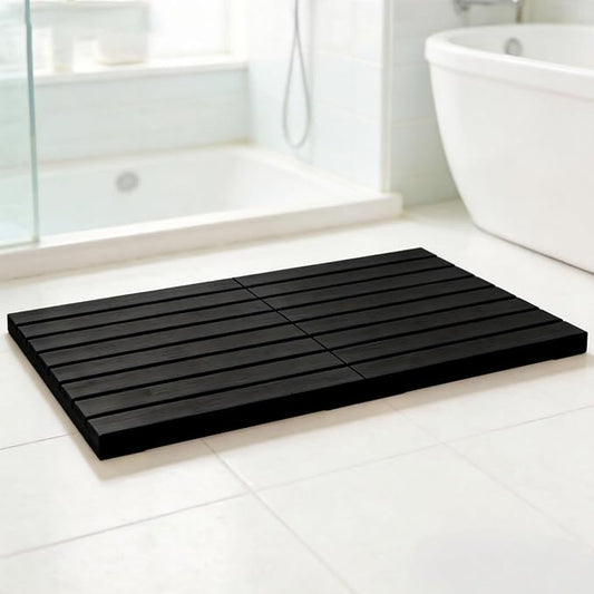 Bamboo Bath Mat for Bathroom Waterproof Foldable Shower Mat Non-Slip Quick Dry Bath Rug Heavy Duty Floor Mat for Shower Tub,Black,L23.5''×W15.6''×H2''