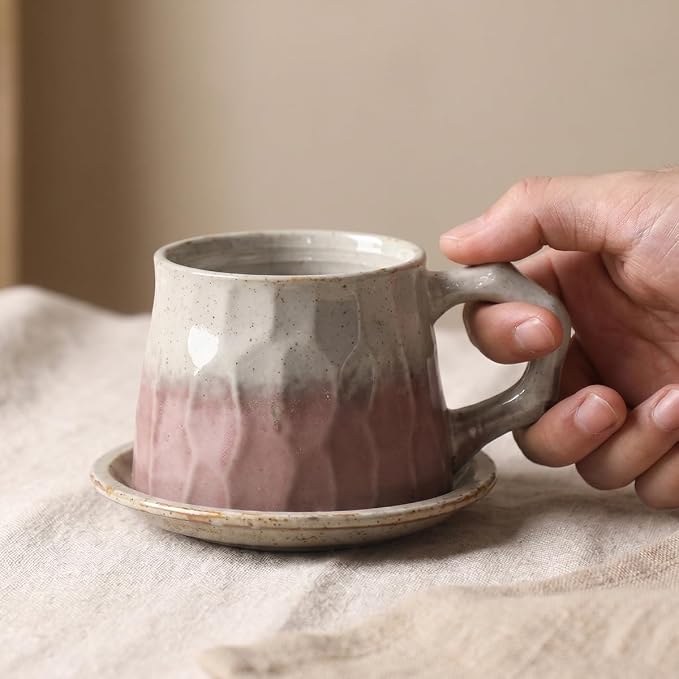 Vintage Faceted Speckled Ceramic Coffee Mug with Saucer, Rustic Stoneware Cup for Tea Latte (YF-CS02)