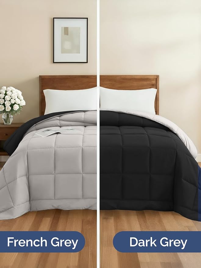 Queen Size, Black & Light Grey Alternative Down Comforter - Warm, Lightweight & Breathable Hotel Quality Bedding Set for Men, Women, Kids & Teens - All Season Cooling Microfiber Duvet Insert Comforter