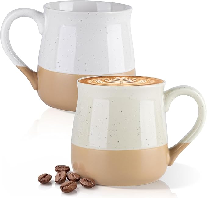 GBhome Ceramic Coffee Mugs Set of 2, 24oz Handmade Large Coffee Mugs Set with Terracotta Underside for Latte/Tea/Beer/Hot Cocoa/Cappuccino/Soup Dishwasher & Microwave Safe-light Beige &White