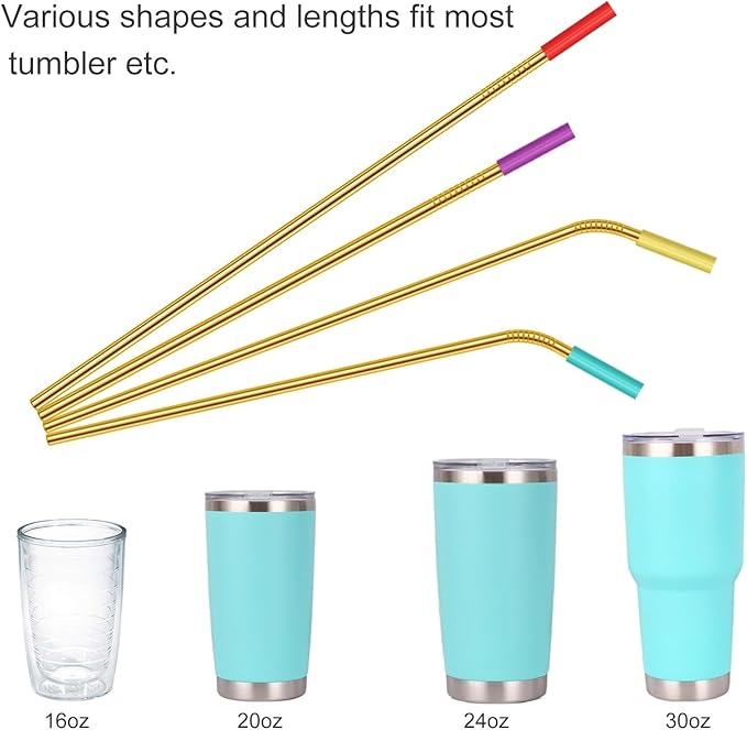 20 Pcs Gold Reusable Stainless Steel Straws,10.5" & 8.5" Reusable Drinking Straws with 20 Silicone Tips 5 Straw Brushes 1 Travel Case,Eco Friendly Extra Long Metal Straw for 20 24 30 oz Tumbler