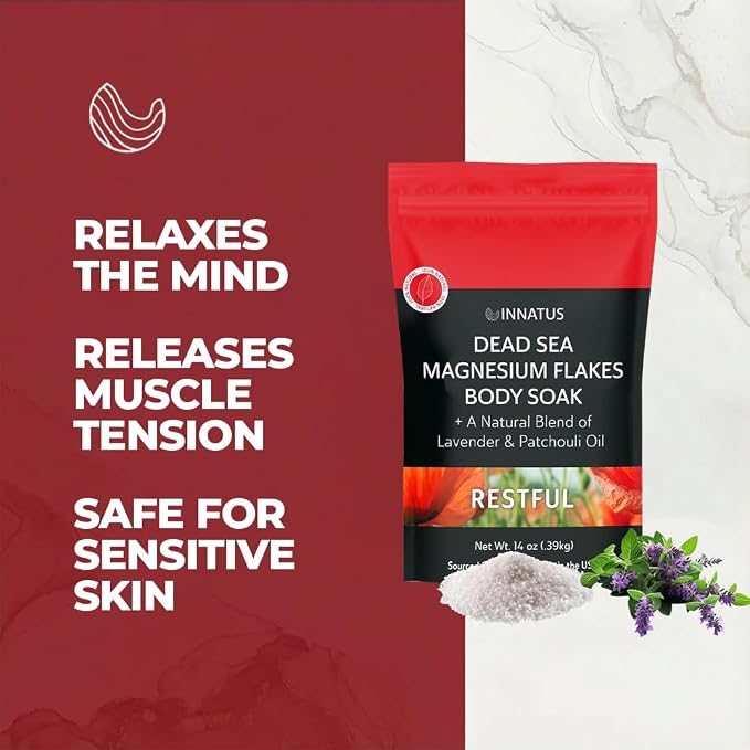 Pure Dead Sea Magnesium Flakes Restful Soak – Relaxing & Replenishing 14oz Bath Soak –Infused with Natural Oils for Deep Sleep & Muscle Relief Lavender