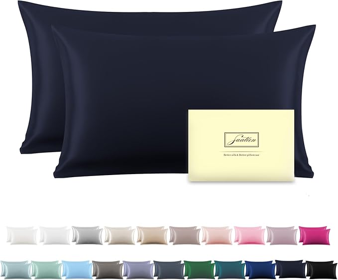 Silk Pillow Cases 2 Pack,Soft Breathable and Sliky Standard Size Pillow Cases Set of 2,Natural Mulberry Silk Pillowcase Set of 2 for Hair and Skin with Hidden Zipper (Navy Blue,20"X 26",2pcs)
