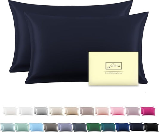 Silk Pillow Cases 2 Pack,Soft Breathable and Sliky Standard Size Pillow Cases Set of 2,Natural Mulberry Silk Pillowcase Set of 2 for Hair and Skin with Hidden Zipper (Navy Blue,20"X 26",2pcs)