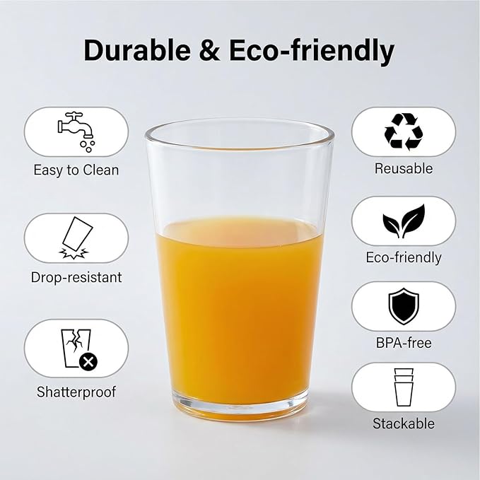 12 oz Clear Drinking Glasses - Unbreakable Acrylic Glasses Drinkware set of 6 - BPA Free Dishwasher Safe Reusable Plastic Cups for Kitchen Party Outdoor (Look Like Glass)