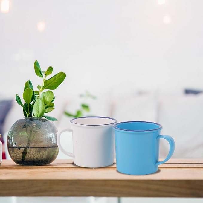 2 Melamine Stacking Mugs with Handles for Coffee & Tea (White/Blue)
