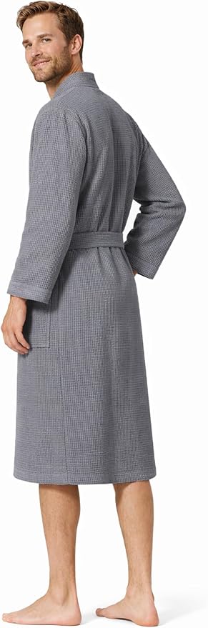 Turkish Linen Men’s Waffle Bathrobe Lightweight Kimono Spa Robe – Quick Dry Bath & Shower Robe for Men with Pockets