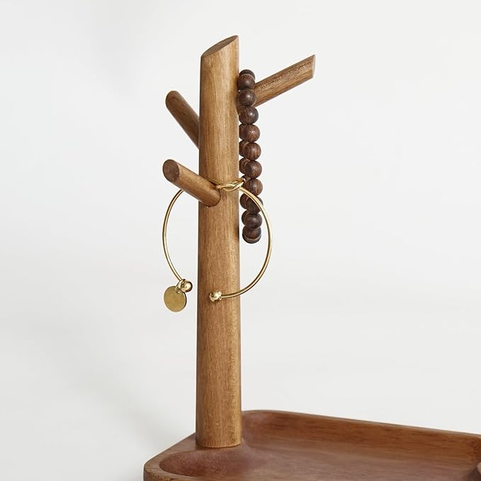 Solid Acacia Wood Key Tray and Bowl for Entryway Table - Jewelry Tray With 3 Hooks, Open Storage for Wallet, Glasses, Watches, Lipstick (Acacia, Rectangle)