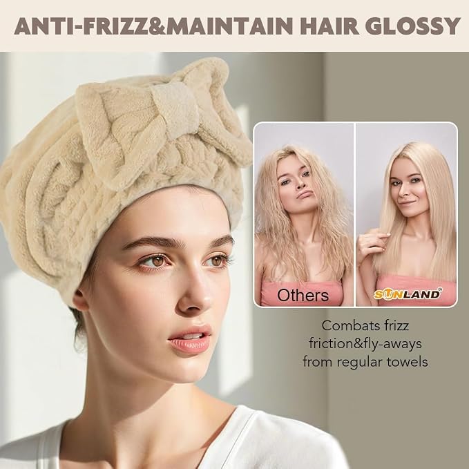 SUNLAND Large Microfiber Hair Drying Caps with Bow Knot Fast Drying Shower Cap Soft and Absorbent hairWrap Hair Turban Bath Caps for Curly Thick and Wet Hair