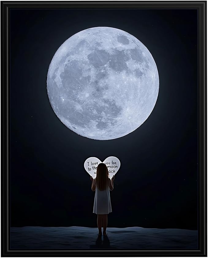 InkFlow Posters Moon and Heart Typography Poster - Romantic Night Sky Illustration - Modern Love Wall Art for Bedroom, Living Room, Home - 8x10 Unframed Canvas Print