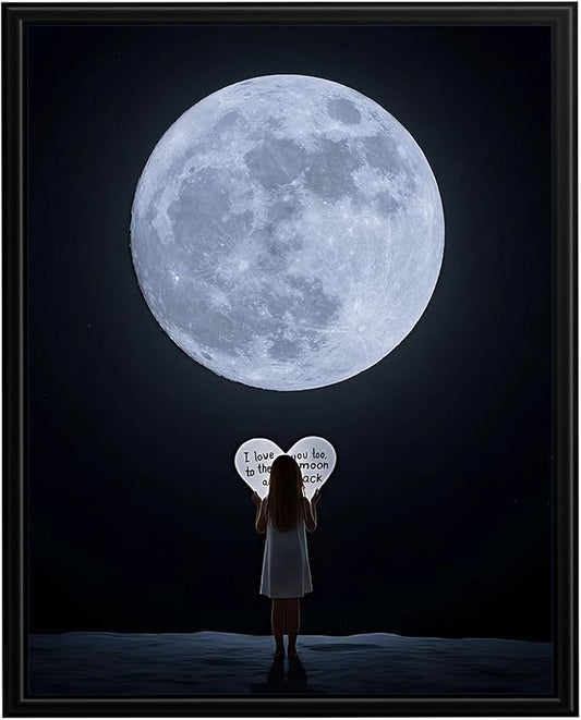 InkFlow Posters Moon and Heart Typography Poster - Romantic Night Sky Illustration - Modern Love Wall Art for Bedroom, Living Room, Home - 11x14 Unframed Canvas Print