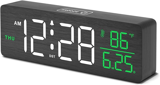 DreamSky Wooden Digital Alarm Clocks for Bedrooms – Large Display Desk Clock with Date & Day of Week for Living Room, Temperature, Dimmer, Adjustable Volume, Auto DST, Office Wood Décor (Plug-in)
