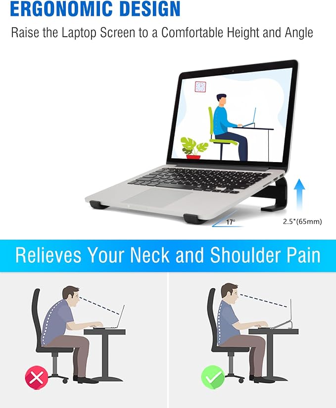 Laptop Stand for Desk, Ventilated Aluminum Laptop Riser, Black | Stable Typing Support, Fixed 17° Angle, 2.5 in Lift, Silicone Pads, Open Airflow, Fits Most 11–16 in Laptops, Tool Included