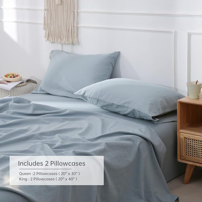Simple&Opulence Linen Pillowcases 1 Pair Basic Style 55% Euro Linen 45% Cotton Blend Solid Color Flax Shams Set of 2, King Size 20"x40", Dusty Blue