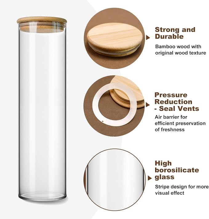 1100ml/37.2Oz Set of 8 Glass Jars - Airtight Food Storage Containers with Bamboo Lids - Spaghetti Storage Jar - Clear Kitchen Canisters for Tea,Sugar,Cereal,Flour,Sweet,Pasta