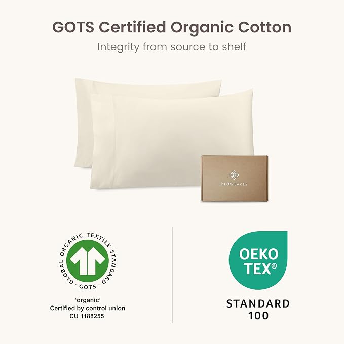 BIOWEAVES 100% Organic Cotton Pillow Cases 300 Thread Count Soft Sateen Weave GOTS Certified – Standard/Queen Size, Set of 2, Natural